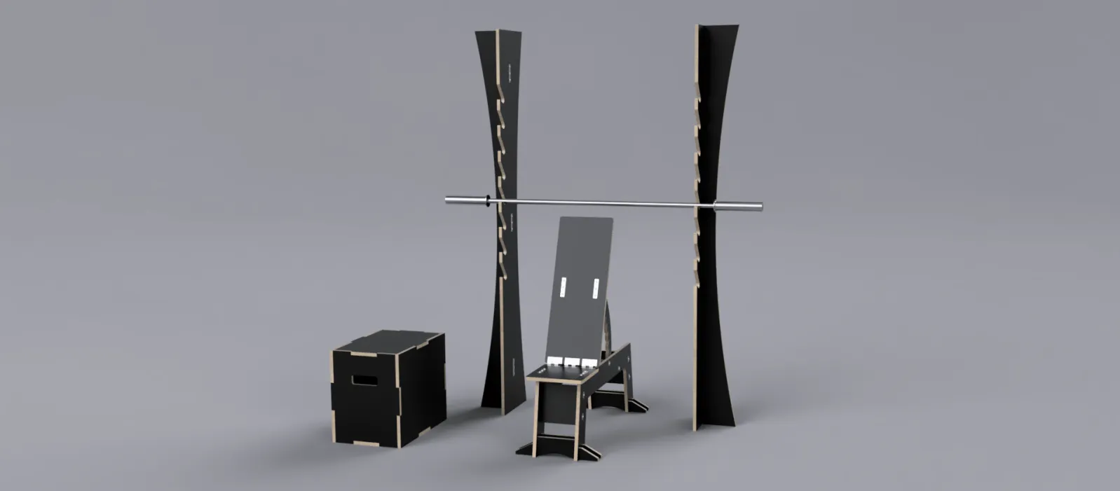 Render of a plywood home gym with squat rack, chair and plyo box