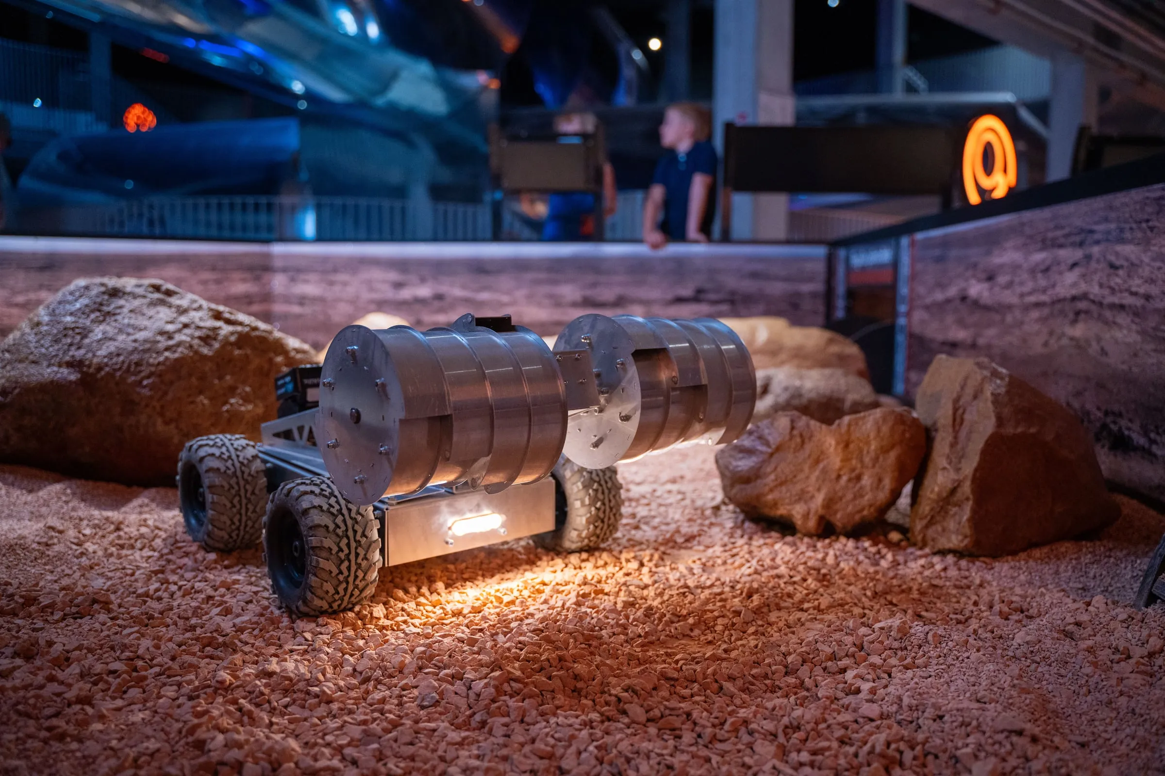 The RASSOR replica on a simulated Martian surface at the Space Science Museum in Cēsis